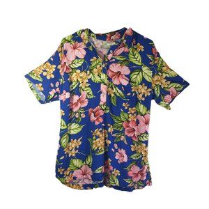 Go Barefoot Medium Blue Pink Green Floral Hawaiian Short Sleeve Top